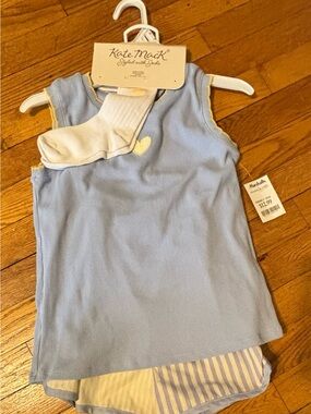 Kate Mack Light Blue Ribbed Tank with Yellow Heart Trim NWT Three Piece Set